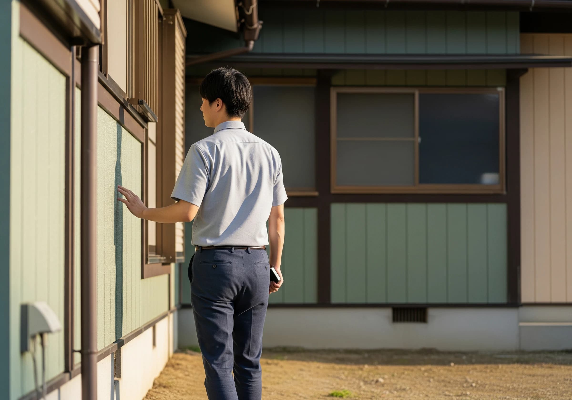 空き家の外観を点検するスタッフ