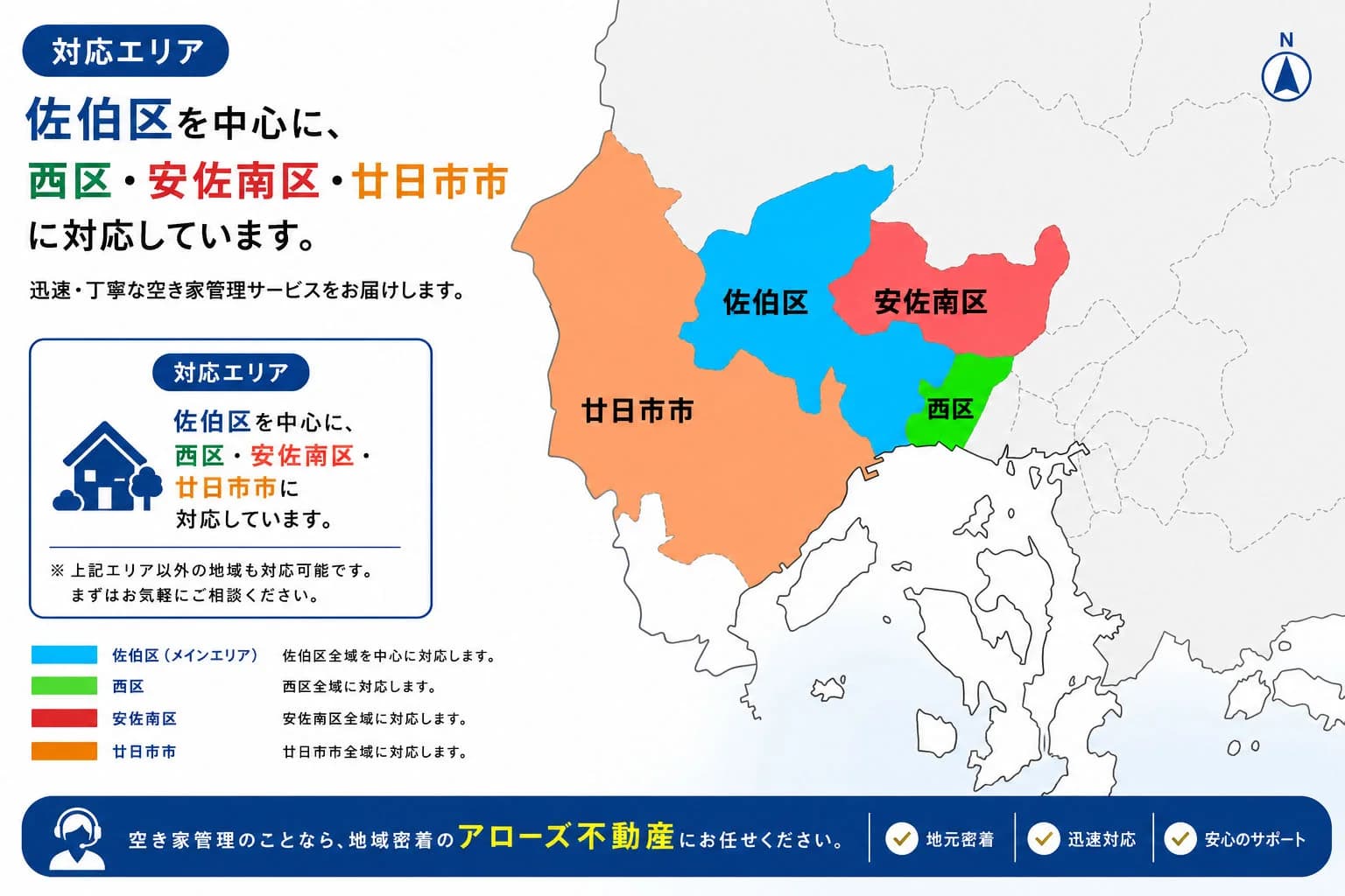 アローズ不動産の対応エリア(広島市佐伯区を中心に西区・安佐南区・廿日市市周辺)
